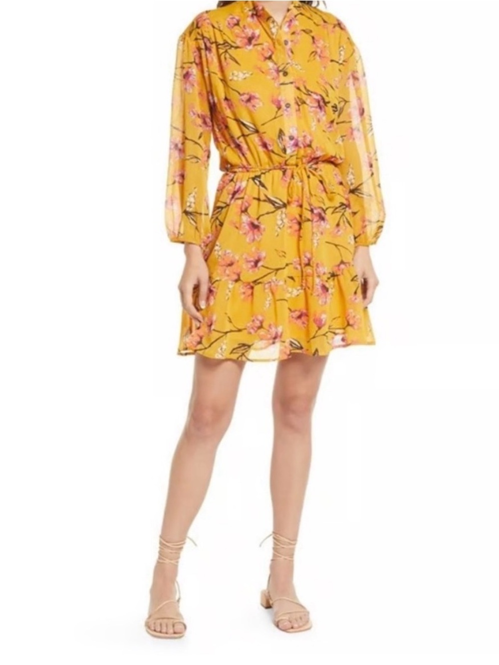 Fraiche by J Yellow Floral Tie-Waist Shirt Dress